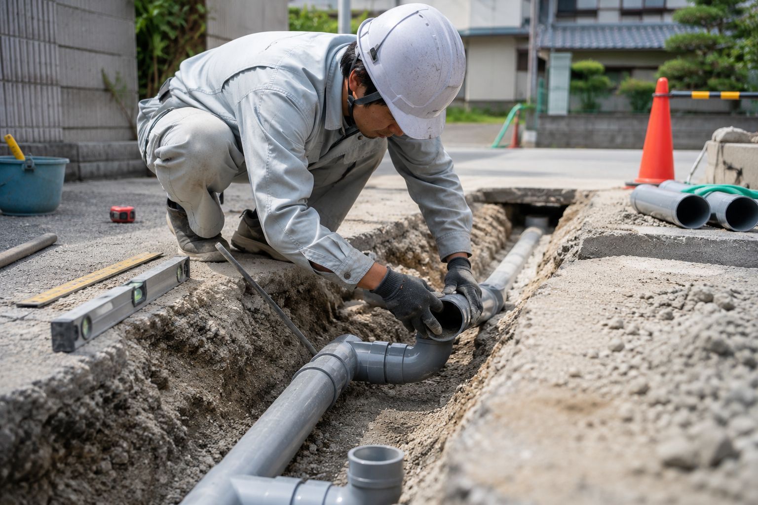 水道配管工事の作業風景
